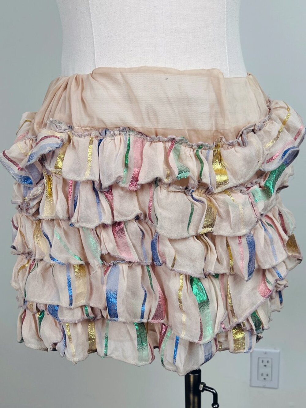 Handmade Girls Size 6-7 Silk Ruffle Skirt Metallic Multicolor Stripe Elastic Wai